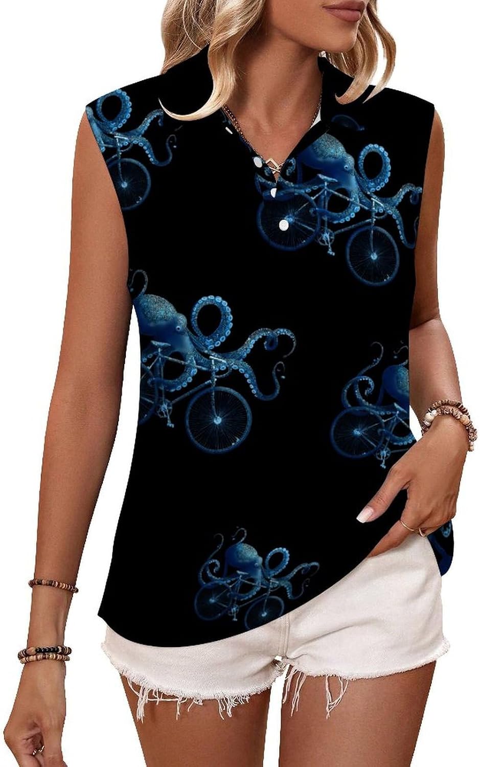 Octopus Cyclist Womens Sleeveless V Neck Golf Polo Shirts | Collared Tank Tops
