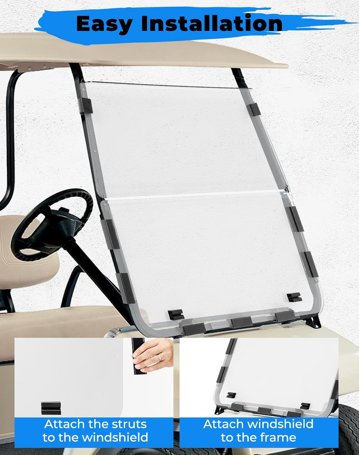 KEMIMOTO Foldable Golf Cart Windshield Compatible with Club Car DS 2000+, Anti-UV and Impact-Resistant Acrylic (Clear)