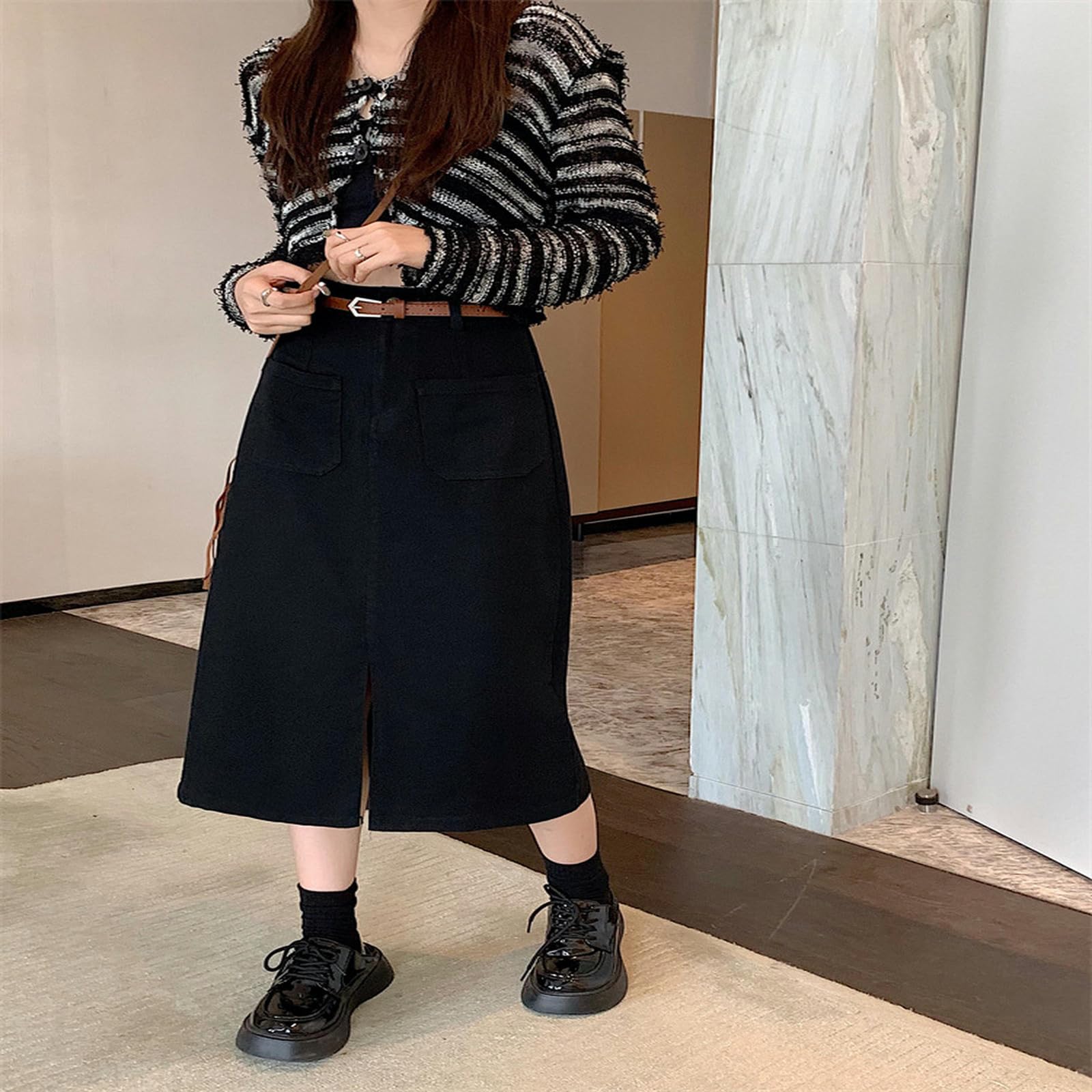Gonna Lunga Donna Gonna delle Donne A Vita Alta Elastica A-Linie Dimagrante Middle Slit Denim Gonna per Le Donne con Cintura Inclusa-Nero-m