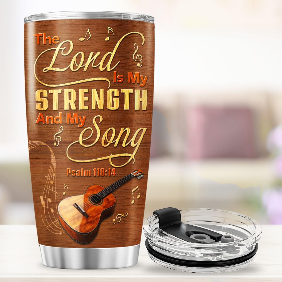Christian Guitar Tumbler with Bible Verse, Inspirational The Lord Is My Strength and My Song Design, 20oz Insulated Stainless Steel Cup for Music Lovers, Faith-Based Gifts for Men and Women - Image 4