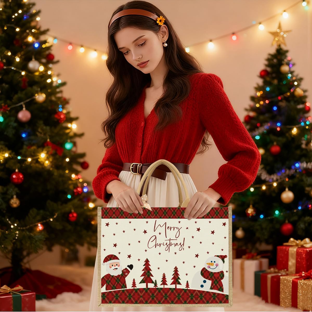 Large Recyclable Christmas Gift Bag - 16" Jute-Canvas Tote for Holiday, Birthday Gifting & Party Favors Storage, 16.5x12.2x7.9 Inches - Image 5