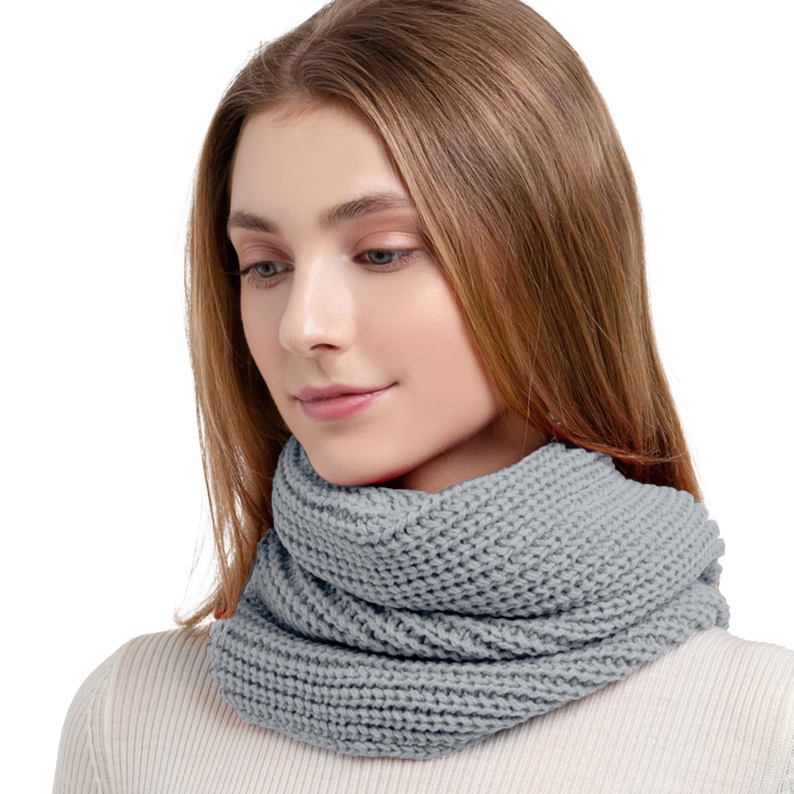 Sgqtzdzq Women's Grey Infinity Scarf Thermal Knitted Scarf, Neck Warmer Loop Scarf For Winter Burgundy Scarf Scarf Gifts For (Grey)