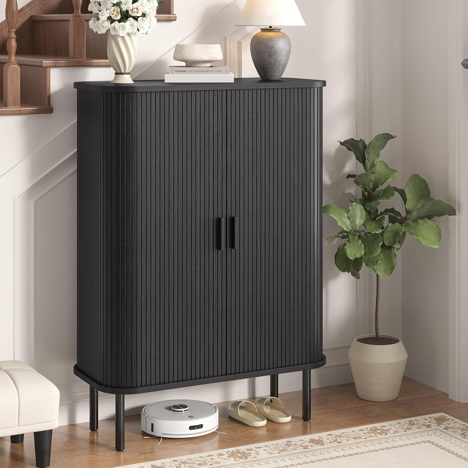 Shoe Storage Cabinet with Adjustable Shelves, 6-Tier Mid-Century Modern Shoe Organizer with Sliding Door, Shoe Storage Organizer for Entryway Hallway Living Room (Black)