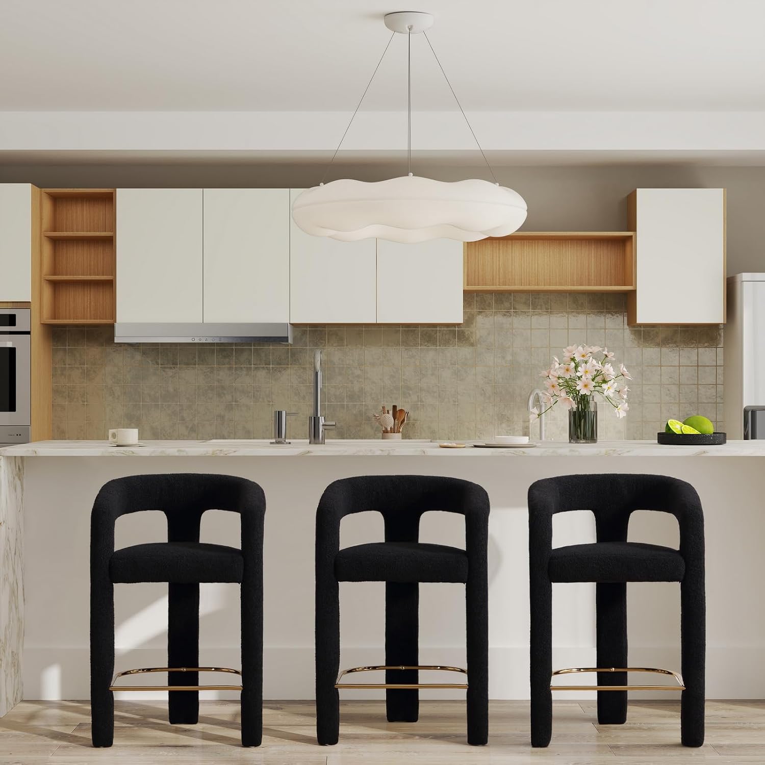 CIMOTA 26’’ Modern Counter Height Bar Stool Set of 1, Boucle Barrel Bar Chair with Open Back/Arms, Comfortable Breakfast Kitchen Island Barstools for Home Bar, Sherpa Black