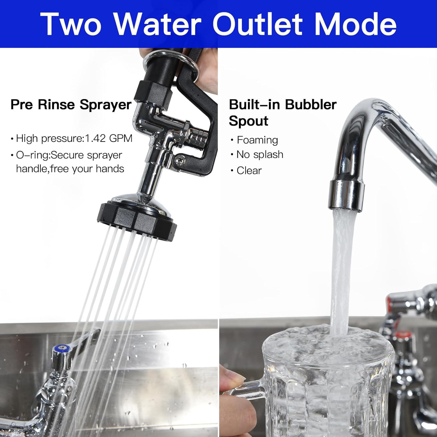 25" Height Commercial Faucet with Sprayer 8" Adjustable Center Brass Construction Wall Mount Pre Rinse Faucet with 1.42 GPM Pre Rinse Sprayer 8" Swing Spout for 1/2 Compartment Sink(25")… - Image 4