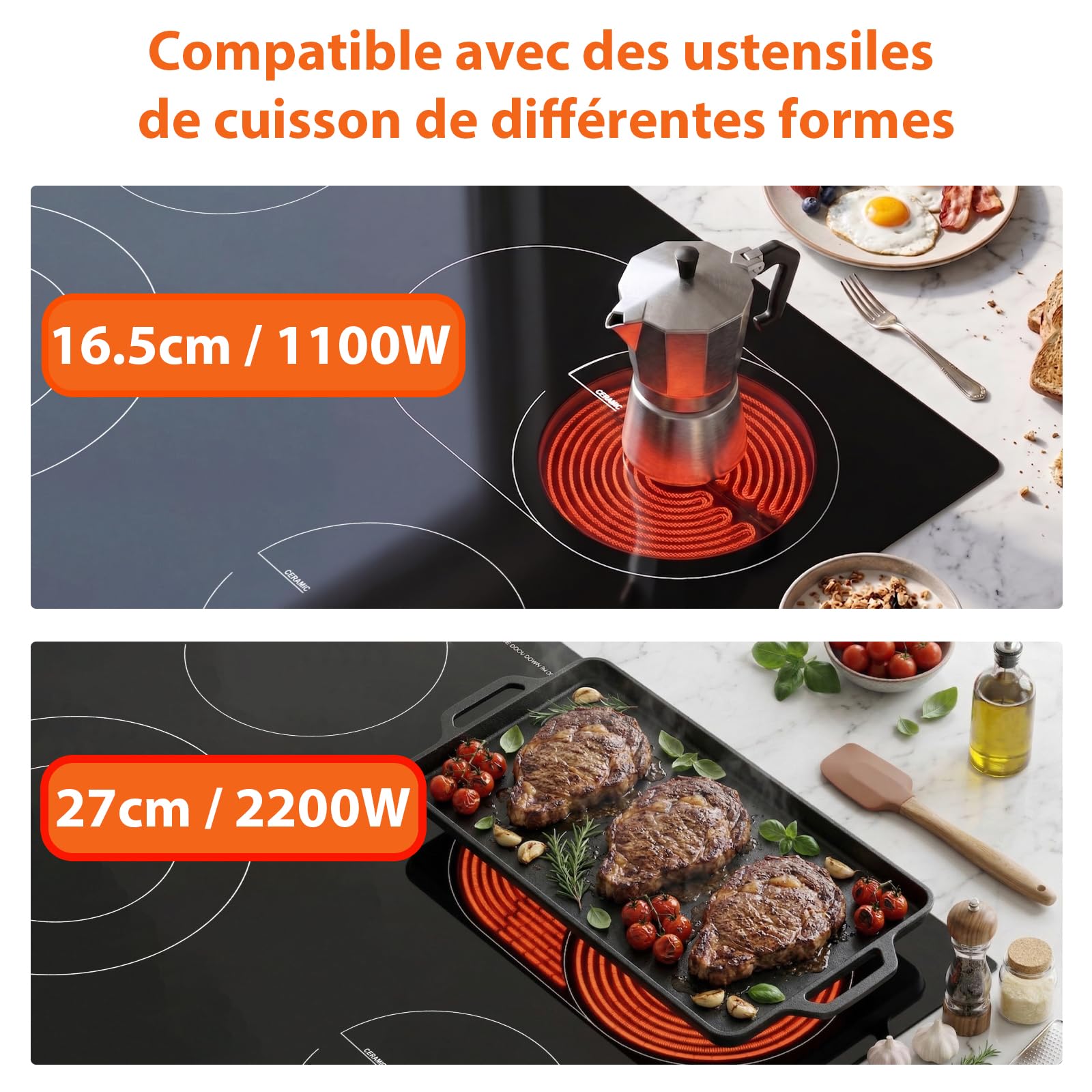 Topwish Plaque vitrocéramique 4 feux, plaque de cuisson vitrocéramique encastrable, plaque de cuisson electrique, tables de cuisson 60cm avec double zone extensible, verrou de sécurité, 6600W