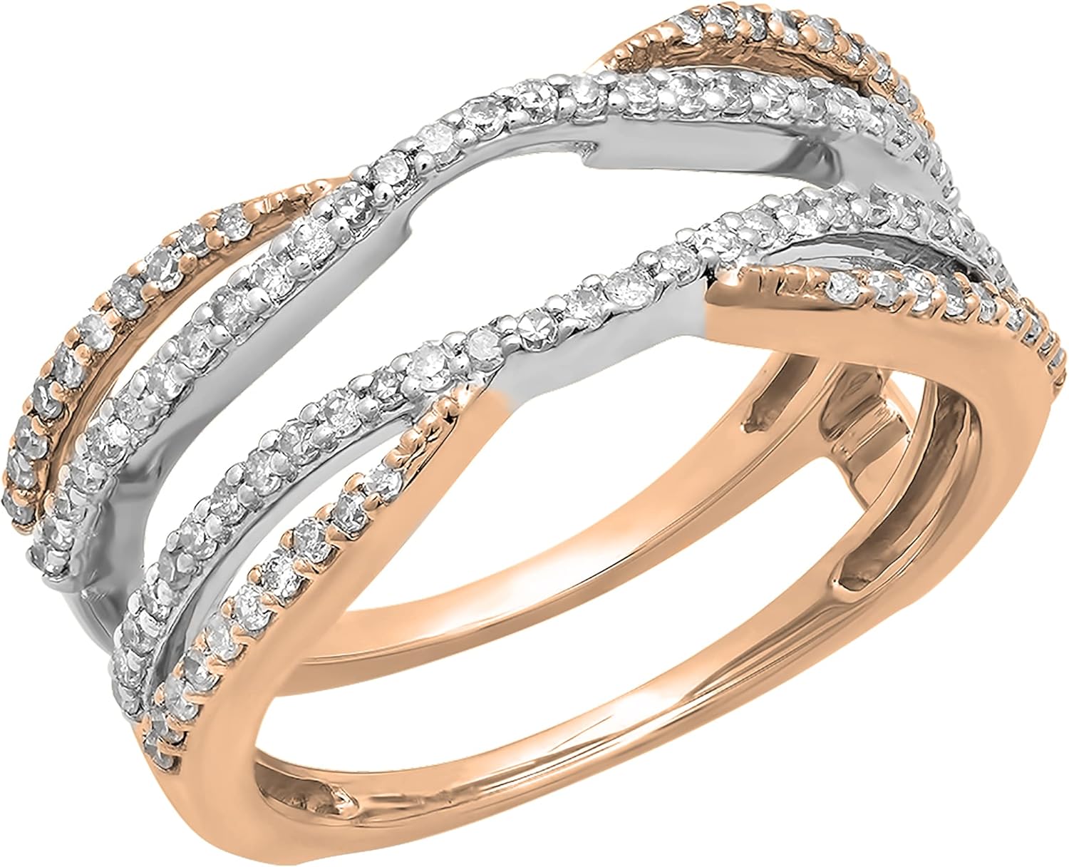 Dazzlingrock Collection 0.50 Ctw Round White Natural Diamond Chevron Double Enhancer Guard Wedding Ring Band for Women in 10K White & Rose Real Solid Gold