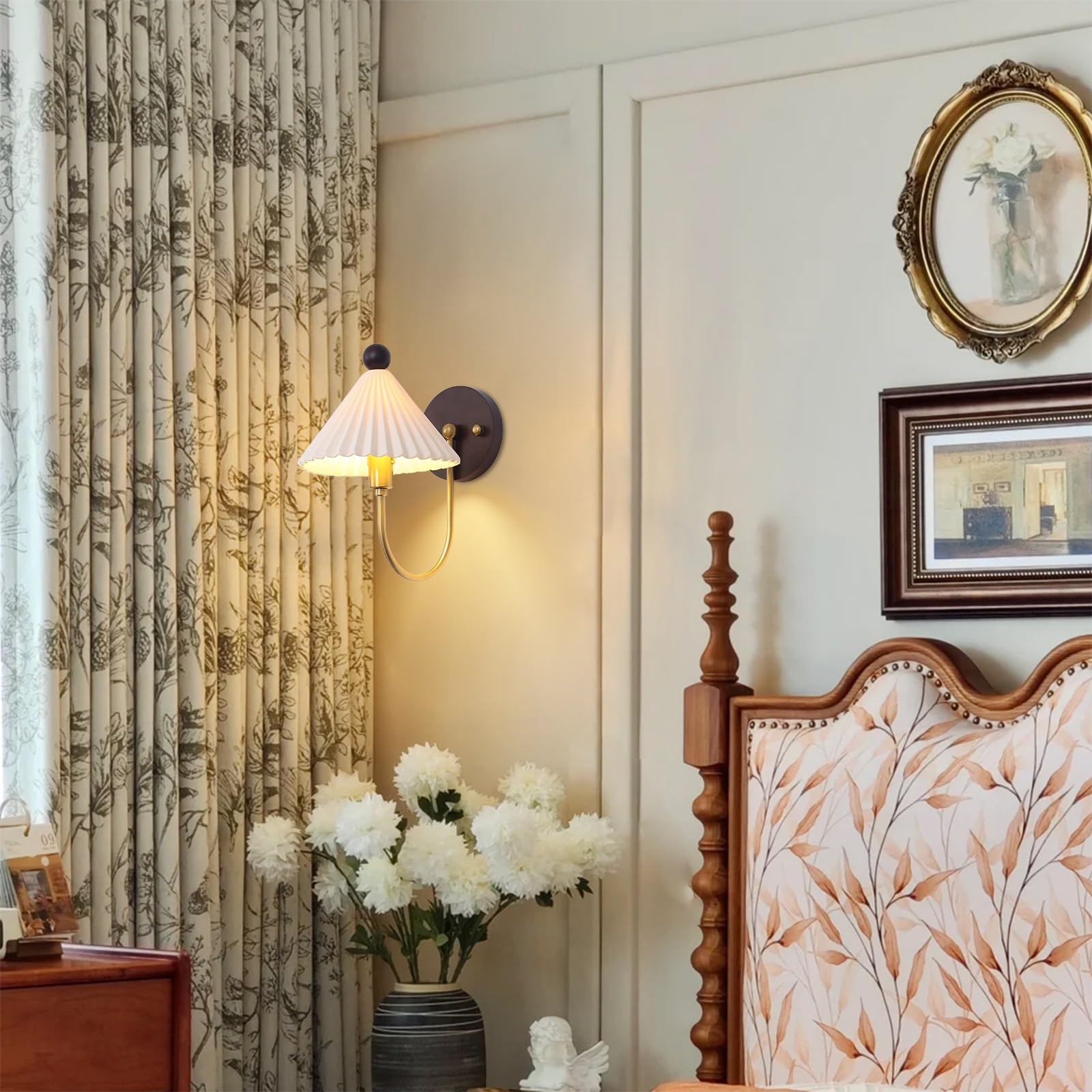 Aplique de Pared Moderno de Mediados de Siglo, lámpara de cerámica Plisada, iluminación Decorativa para Interiores, lámpara de Pared de Metal con Base Redonda de Madera, Casquillo