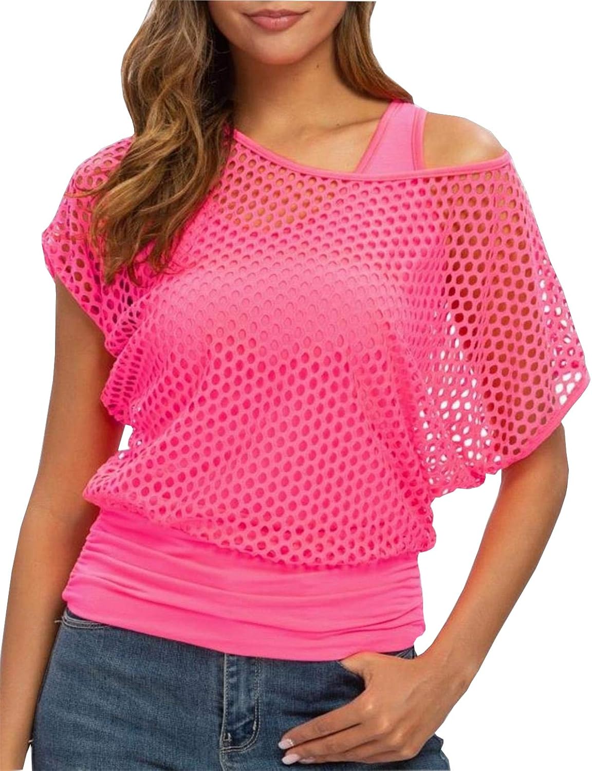 Smile Fish Women Sexy 80s Top Neon Fishnet Off Shoulder T-Shirt Smile Fish Women Sexy 80s Top Neon Fishnet Off Shoulder T-Shirt