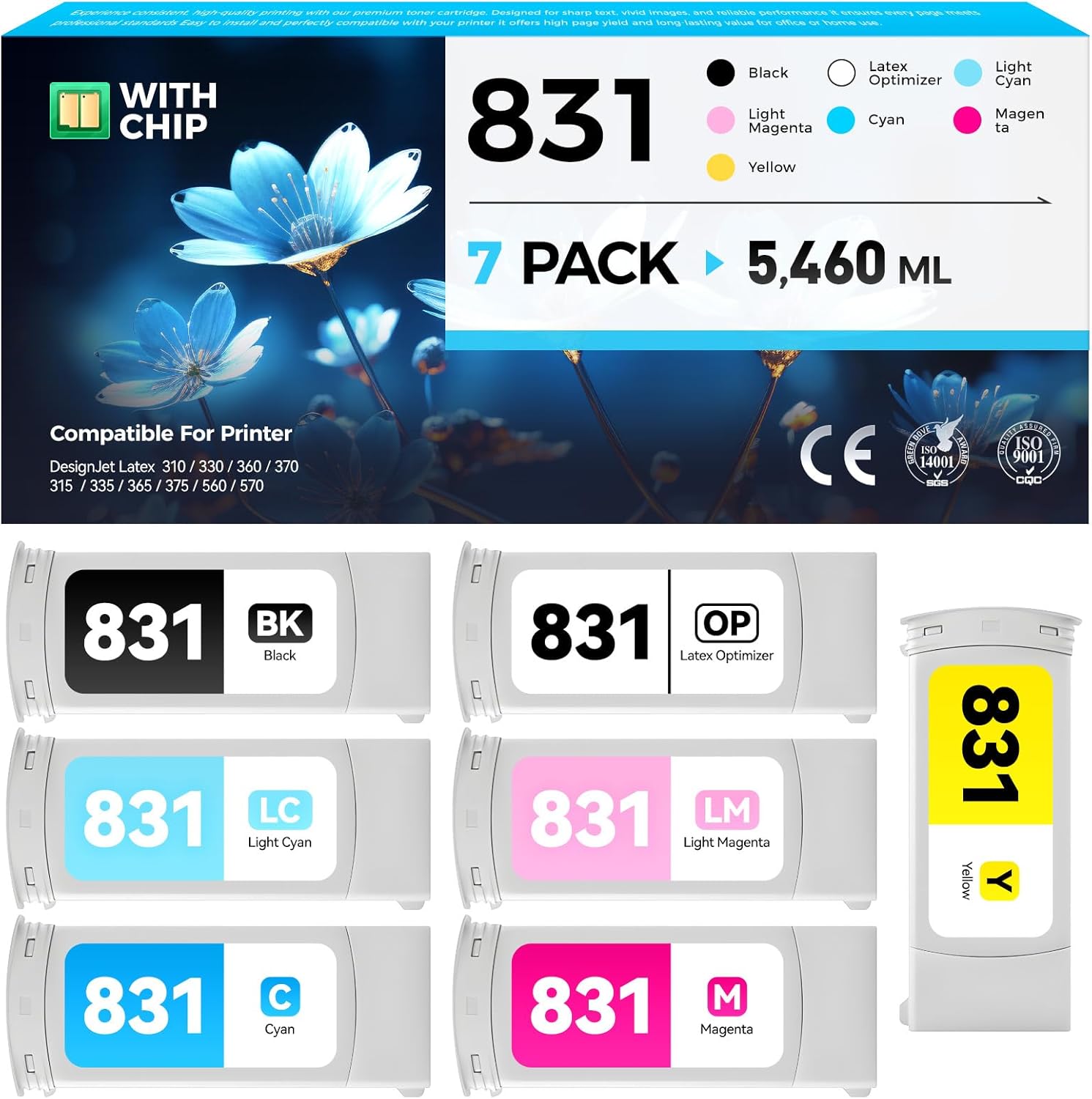 831 831A Ink Cartridges set 7-Pack 780-ml Replacement for HP 831 831A Ink CZ682A CZ683A CZ684A CZ685A CZ686A CZ687A CZ706A Compatible for HP DesignJet Latex 310 315 330 335 360 365 370 560 570 Printer