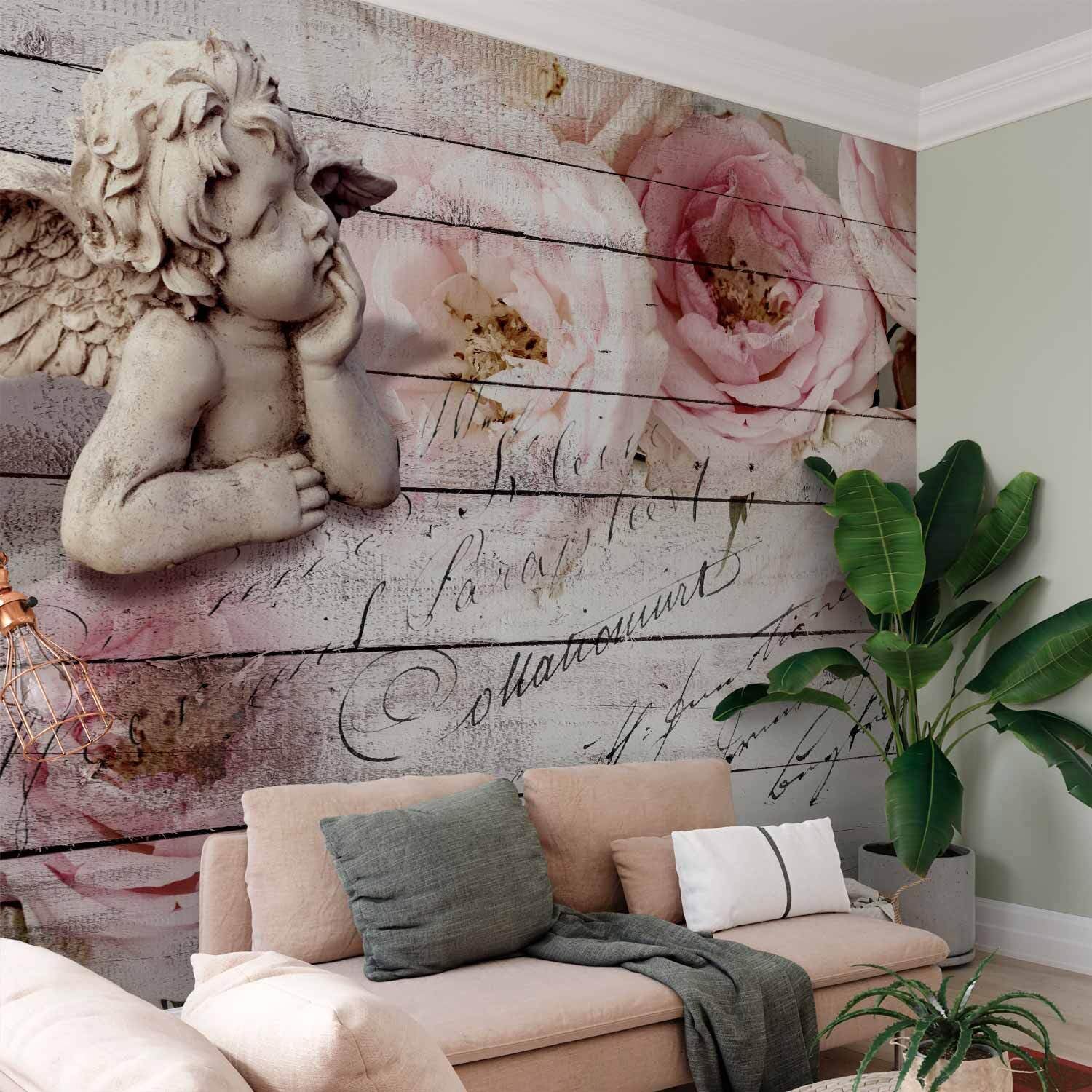 decomonkey Fototapete Blumen Holz, 400x280 cm, XL, Vintage Rose Angel | Vlies, Schlafzimmer, Wohnzimmer, Tapete, Fototapeten, Tapeten, Vliestapete, Wandtapete, moderne, Wandbild, Wand