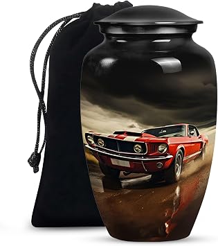 Red Car On A Stormy Road - Large Urns for Ashes - Urn for Dad - Funeral Cremation Urns for Ashes - Companion Urn 10inch, Natural