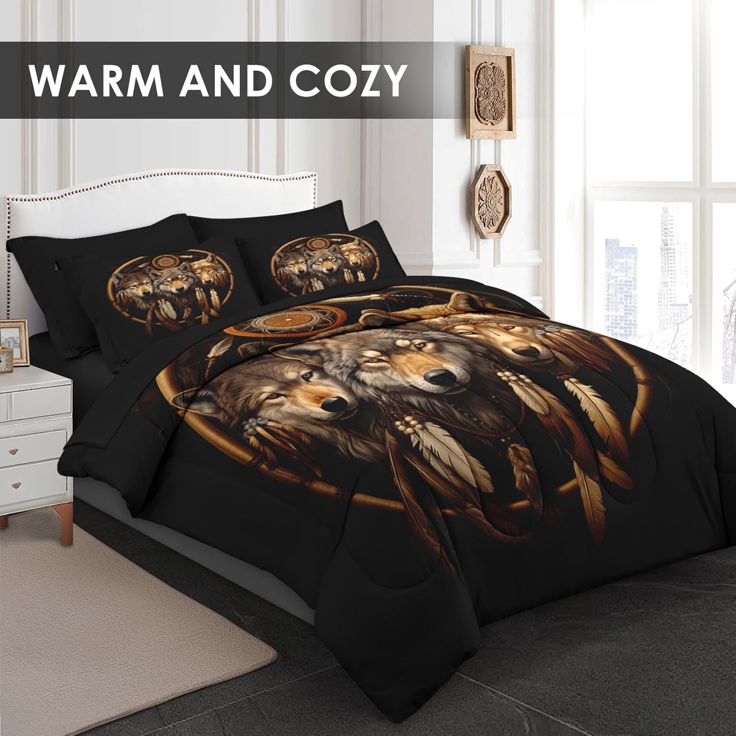 Pamnest Comforter Set Queen Size, Black Tribal Wolf 7 Pcs Bedding for Kids and Adults, Feather Dreamcatcher Bed Sheet Sets with Fitted Sheet 2 Pillowcases & 2 Shams for Bedroom Bed Decor