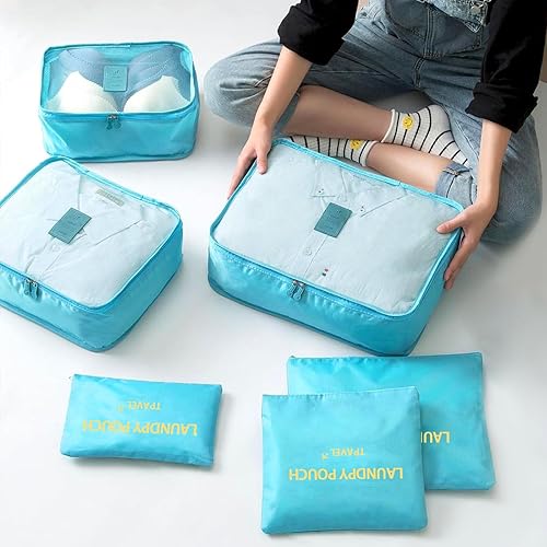 Miniatura 4 de Juego de 6 cubos de equipaje esenciales de viaje para equipaje de mano, organizadores de equipaje, maleta, accesorios de viaje (azul cielo)