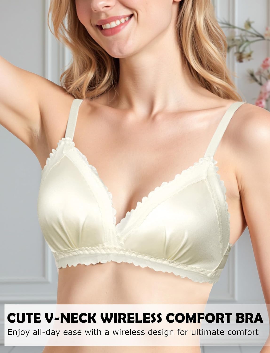 SEAUR Silk Soft Padded Bras for Girls Teens Satin V Neck Support Wireless Seamless