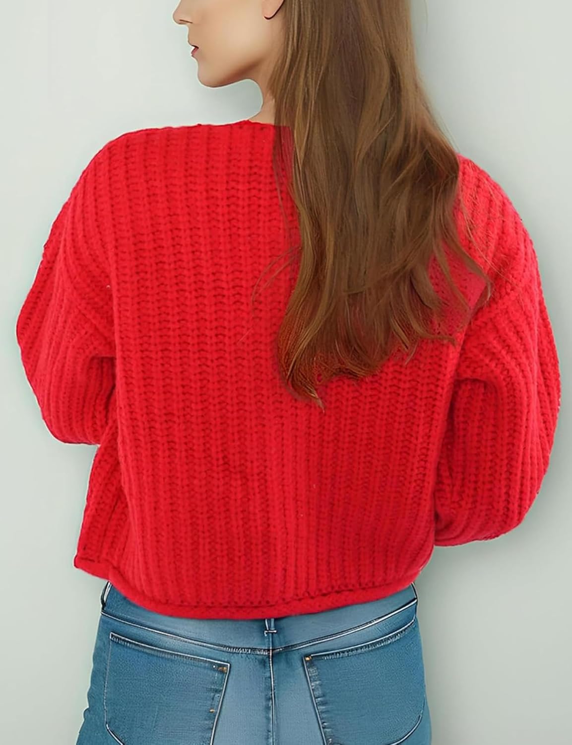 Women Button Down Sweaters Crochet Chunky Knit Long Sleeves Cropped Cardigan Open Front Outwear with Pockets - Image 3