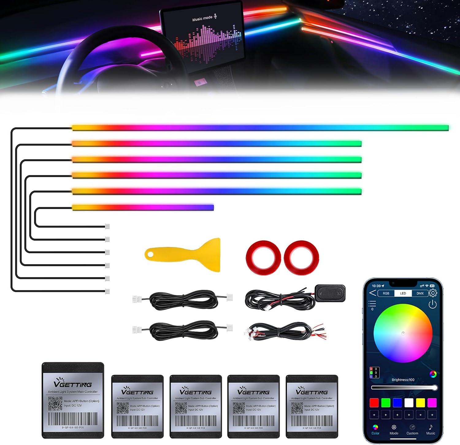 Dreamcolor Acrylic Interior Car LED Strip Light with Wireless APP, RGB 6 in 1 with 175 inches 593 LEDs Fiber Optic Strip Lights for Car, Music Sync Neon Car Ambient Neon Lighting Kits