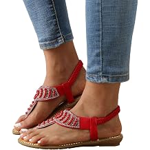 ZBYY Women's Summer Sandals Beach Bohemian Beaded Ankle Walking Strap Casual Thong Flip-Flop Flats Comfortable Shoes