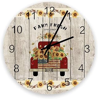 Retro 12 Inch Waterproof Wall Clock, Silent Non-Ticking Battery Operated for Home Classroom Conference Room Wall Decorative Clock - Little Red Truck Farmhouse Sunflowers Harvest Vintage Wooden