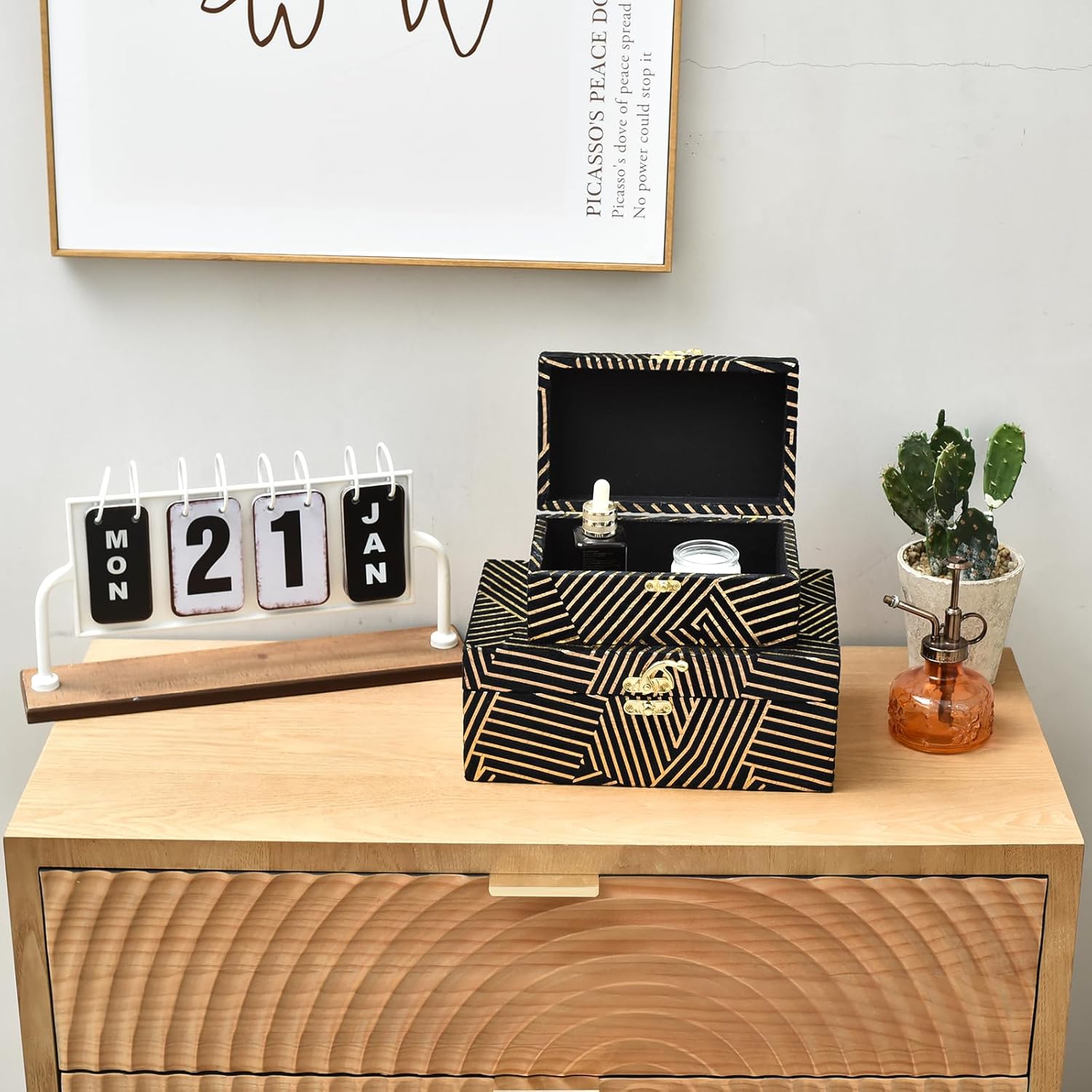 Velvet Decorative Boxes Storage Accessory Organizer with Gold Stripe Set of 2, Black