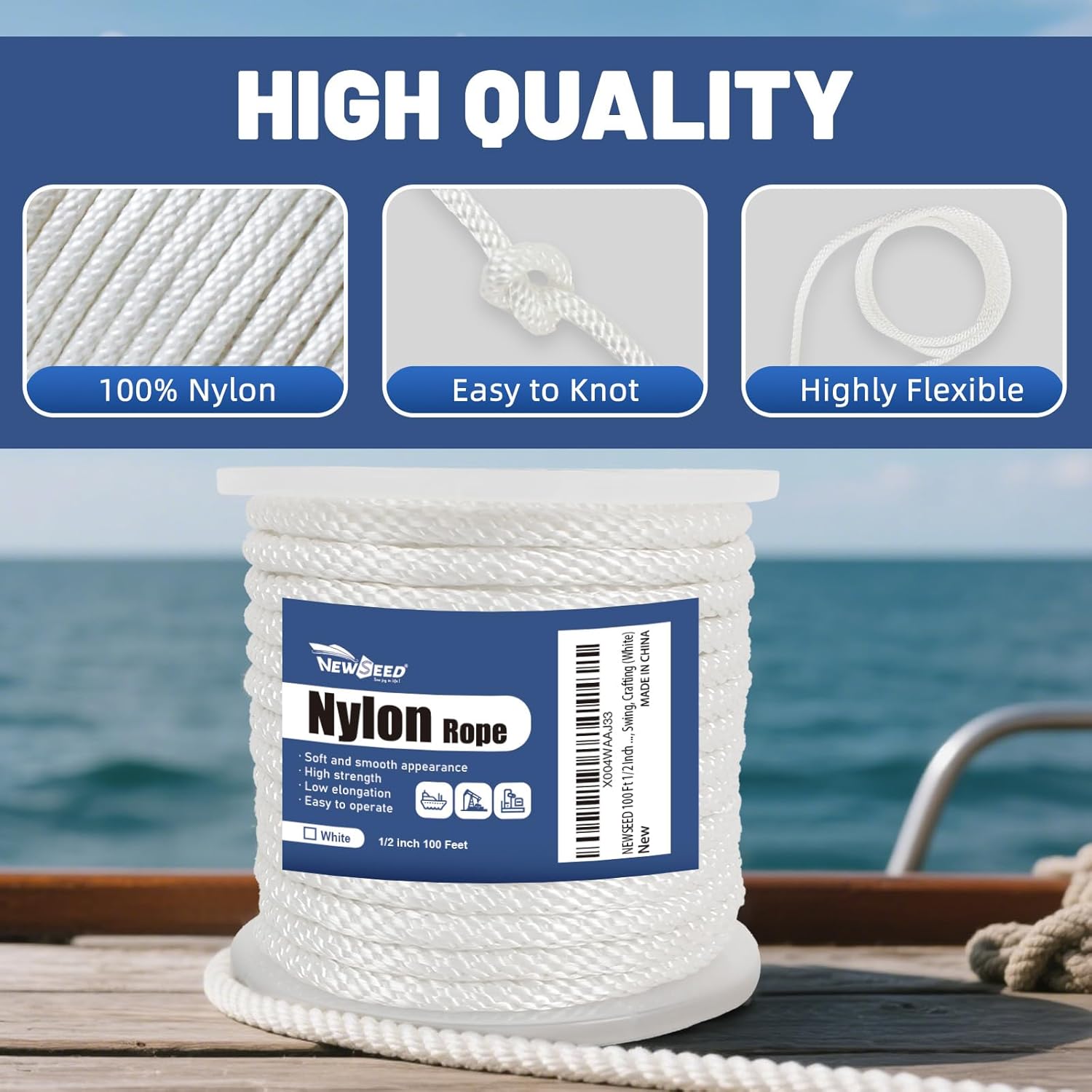 NEWSEED 100 Ft 1/2 Inch Nylon Rope – Multipurpose Heavy Duty Utility Rope for Indoor & Outdoor Use, Strong and Abrasion Perfect for Clothesline, Camping Hiking, Flag Line, Swing, Crafting (White)