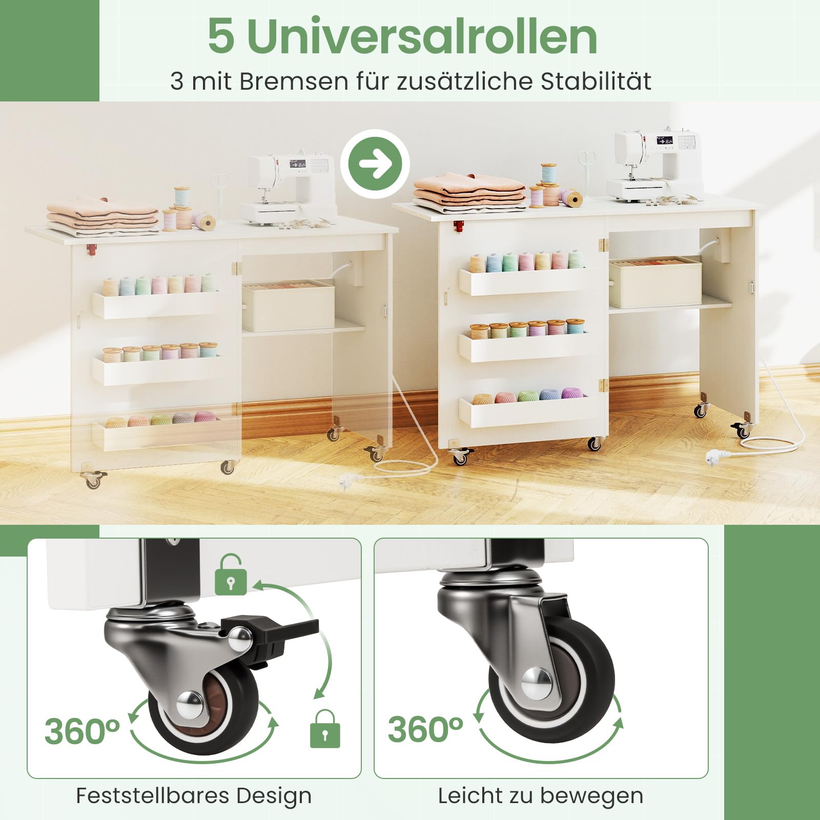 GIANTEX Nähtisch mit Ladestation, Nähmaschinentisch klappbar, Nähschrank mit Rollen, Nähmaschinenschrank Holz mit Stauraum, Nähtisch für Nähmaschine, Mehrzwecktisch 116 x 41 x 78 cm (Weiß)