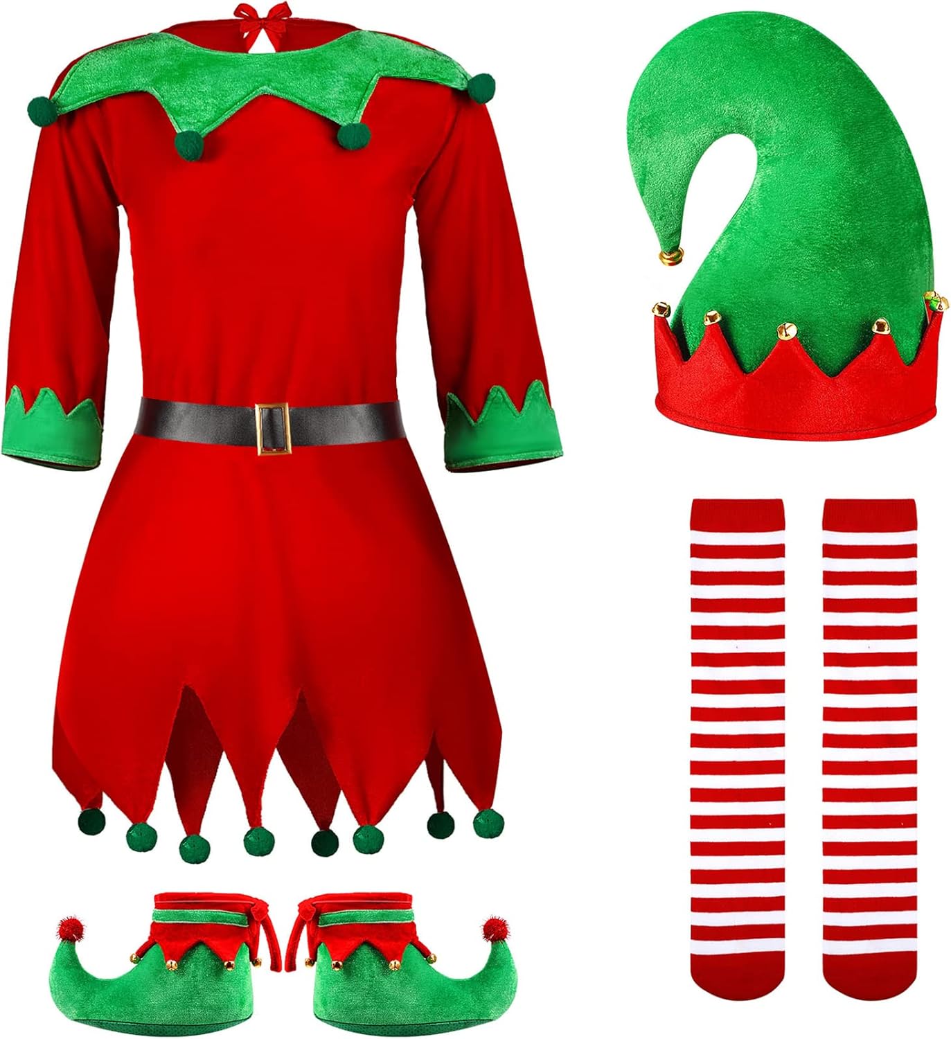 Syhood 5 Pcs Women Christmas Elf Costume Set Santa's Helper Costume Elf Outfit Velvet Dress Hat Shoes Belt Striped Stocking Red Small Classic