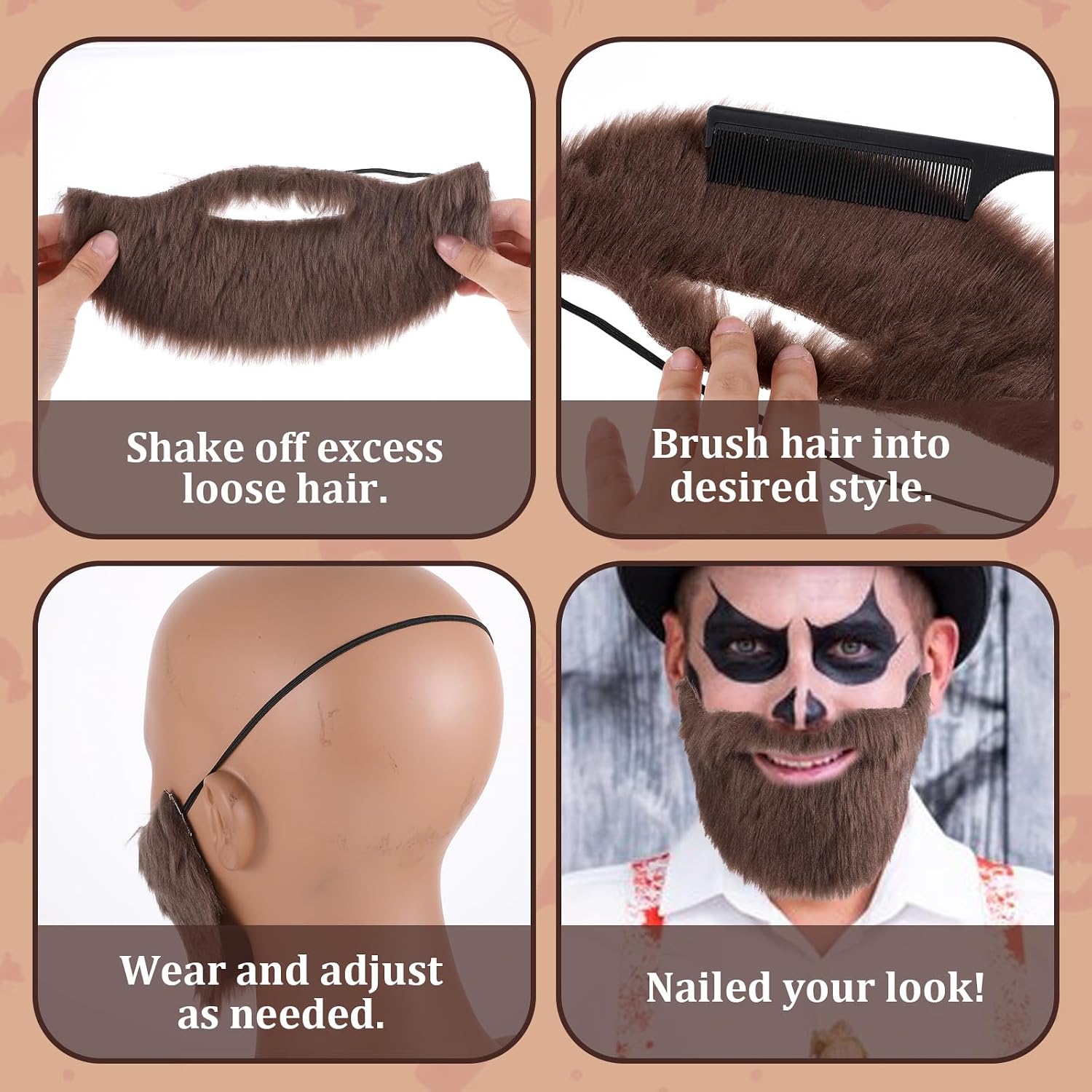 Fake Beard, Fake Beard Novelty Facial Costume Beards Party Accessory Brown | Men's Fake Beard with Elastic Band, Fake Mustache for Cosplay Funny Party Favor Men, Women
