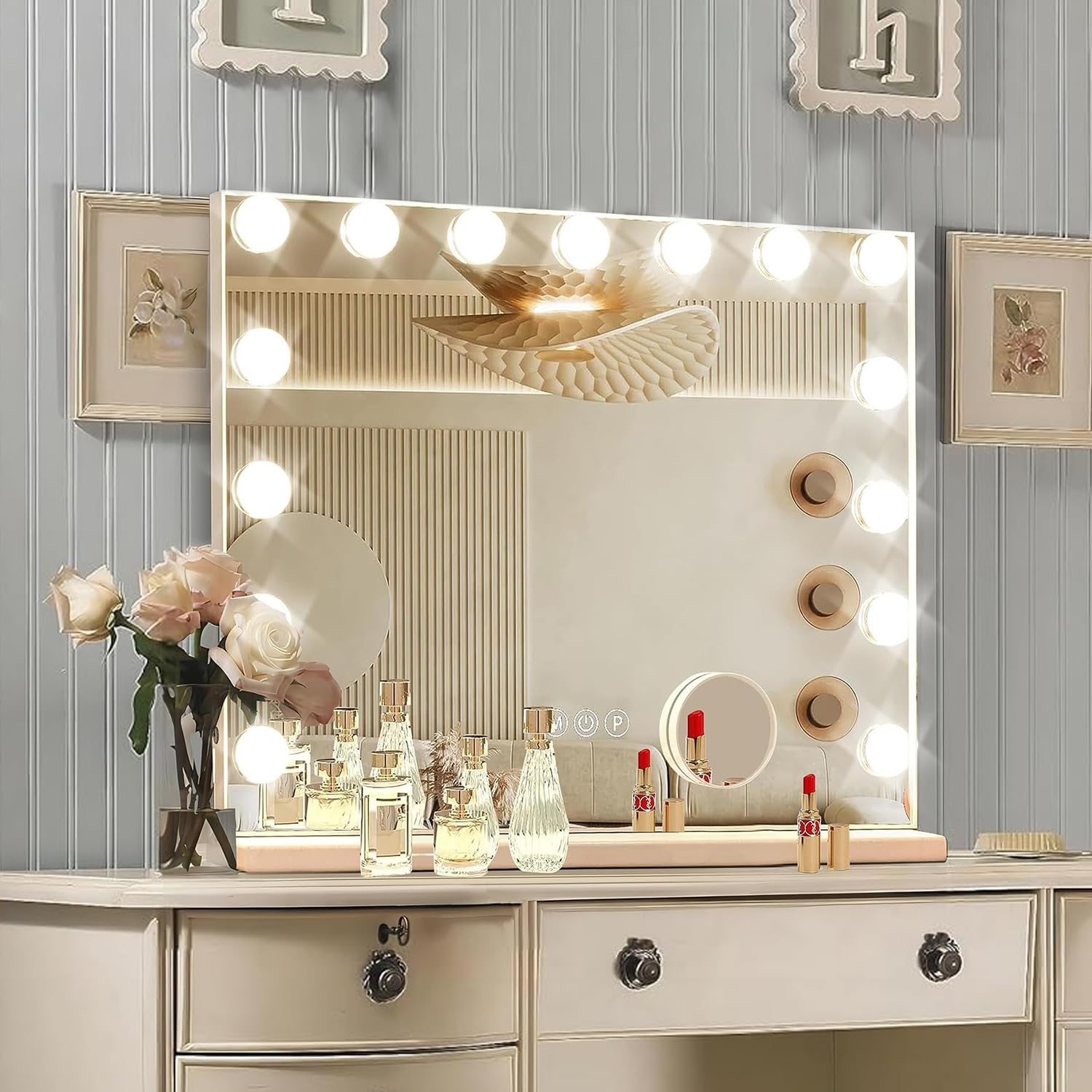 Ratsamee Hollywood Vanity Mirror with Lights, 15 Dimmable Bulbs, 3 Color Lights,Make Up Lighted Mirror, Aluminum Metal Frame, USB Charging Port（23" x 18"）Ratsamee Hollywood Vanity Mirror with Lights, 15 Dim…