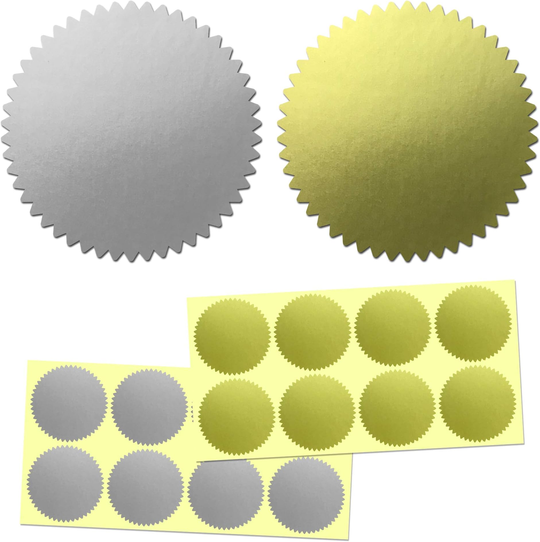 400 Pack, 2" Certificate Award Seals Stickers - Silver/Gold, Self-Adhesive, Matte Metallic Foil