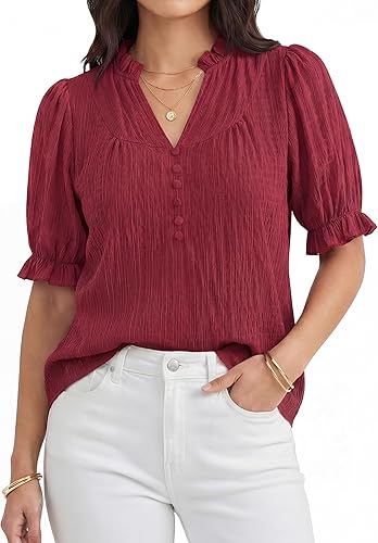 Okiwam Womens Spring Tops 2026 Puff Short Sleeve V Neck Shirts Dressy Casual Cute Blouses Trendy Summer Outfits-XXL Wine Red