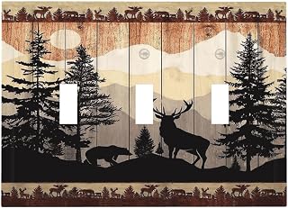 Decorative 3-Gang Light Switch Cover Bear Forest Woodland Jungle Triple Toggle Wall Plate, Funny Wild Life Hunting Sunrise Deer Elk Mountain Sun Scape Outlet Switch Face Wallplate Cover Three Gang