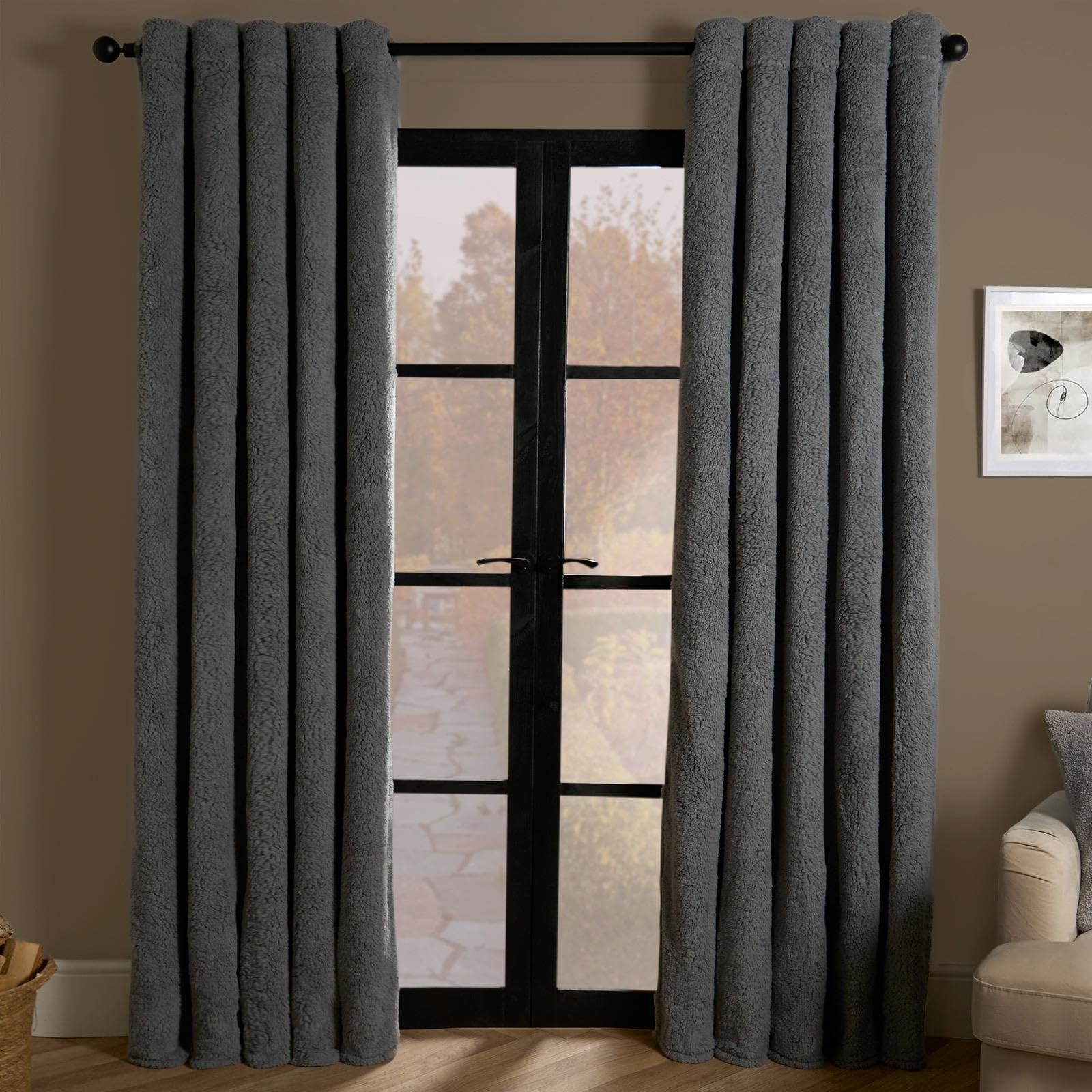 Ohs Grey Teddy Fleece Thermal Bedroom Curtains - Blackout, Energy Saving, Insulated, Warm, 66" X 90" Eyelet