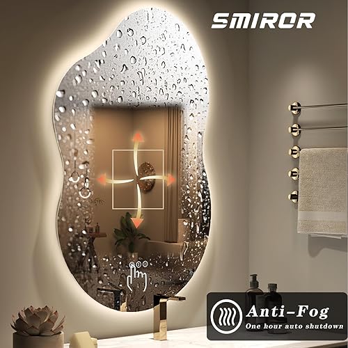 Miniatura 6 de SMIROR Espejo de baño asimétrico retroiluminado con luces de 24 x 36 pulgadas, espejo de tocador con luz LED de nube irregular para pared,