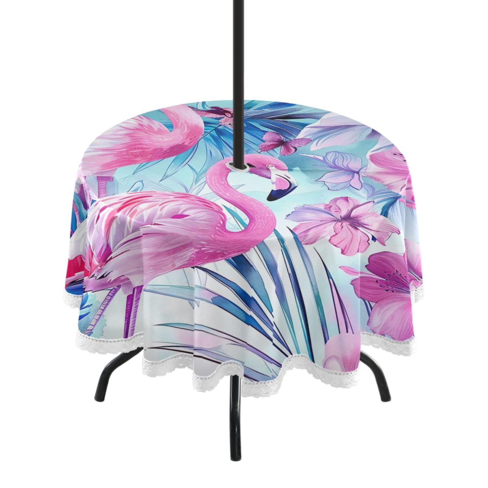 Wajiw 60 Inch Indoor Outdoor Round Tablecloth with Umbrella Hole and Zipper Waterproof Patio Table Cover for Camping Dining Room Party Outdoor Picnic,Flamingo