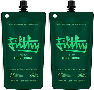 Filthy Olive Brine, Premium Cocktail Mixer, Filtered for Dirty Martinis, Olive Juice for Cocktails Made from Naturally Cured Olives, Non-Alcoholic, Non-GMO, Gluten Free, 8 Oz Pouch, 2 Pack