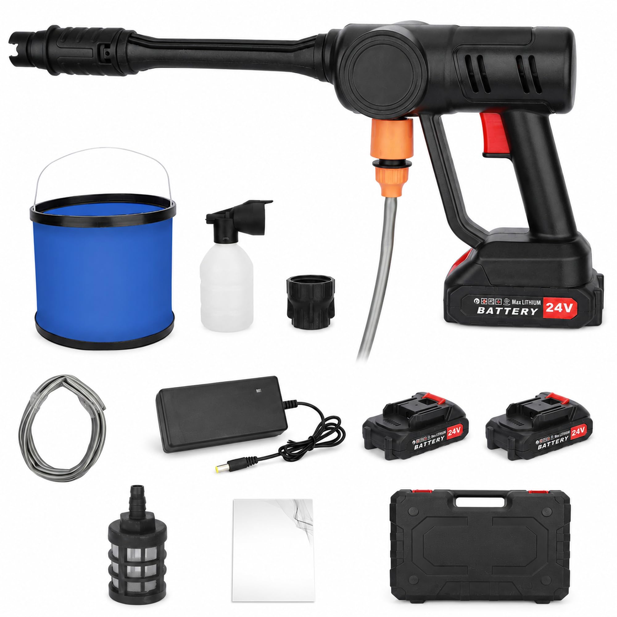 Cordless Pressure Washer 24V 6A 300W 50BAR/725PSI, Portable Jet Wash with Bucket Water Pipe Adjustable Nozzle 1 Charger 2 Batteries, Spraying Water Up to 3L/min (Black)