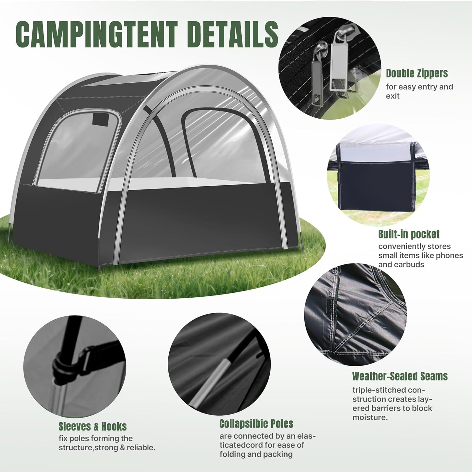 Camping & Sports Tent, 82x59x65 in, 3-4 Person PVC Tunnel Tent, Weatherproof Sunshade, No Condensation, Spacious Interior, Ultra Visibility for Sports Events Camping Fishing Cheering