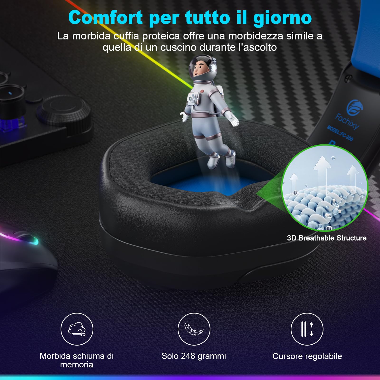 Fachixy FC200「2025 Nuova」Cuffie da gioco senza fili Per PS5, PS4, PC - 2.4GHz e Bluetooth con microfono - Suono stereo 3D e 50 ore di durata della Batteria - Per tablet, Switch, smartphone, nero-blu