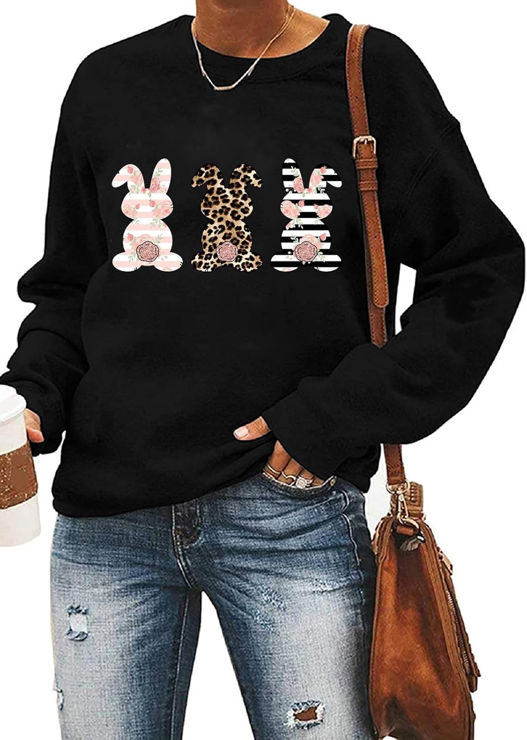 Ykomow Happy Easter Sweatshirt Women Long Sleeve Cute Bunny Rabbit Graphic Tees Pullover