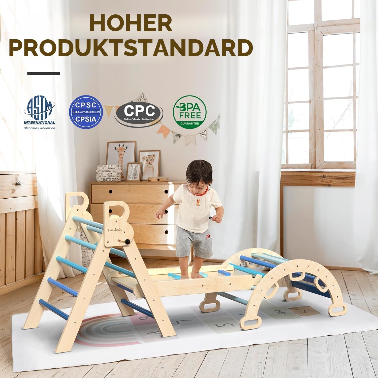BlueWood 7-in-1 Montessori Kletterdreieck mit Kletterbogen und Rutsche, Holzdreieck für Kleinkinder, Indoor Kletterspielzeug für Kleinkinder, klettergerüst Indoor ab 1 Jahr