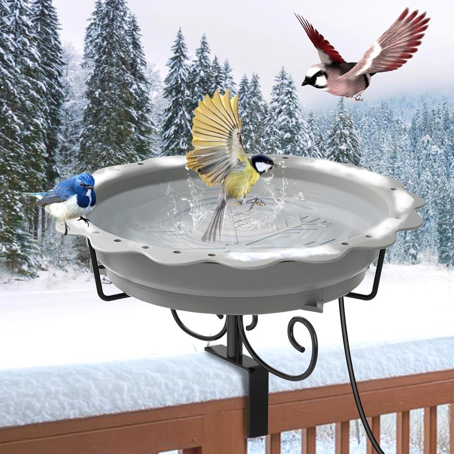 Webuys 100W Heated Bird Bath for Deck Railing - Thermostat Winter Outdoor Birdbath, Gray, Keeps Water Unfrozen