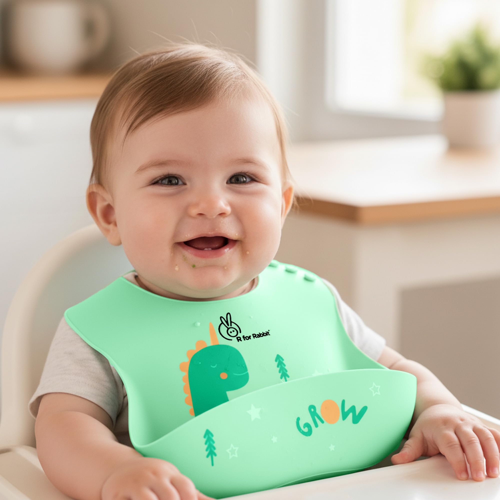 R for Rabbit Safari Silicone Bib for Baby Food Feeding BPA Free, Baby Apron Adjustable Straps With Food Pocket, Mess Free, Waterproof, Washable & Reusable Ideal for Babies 6 to 36 Months (Sea Green)