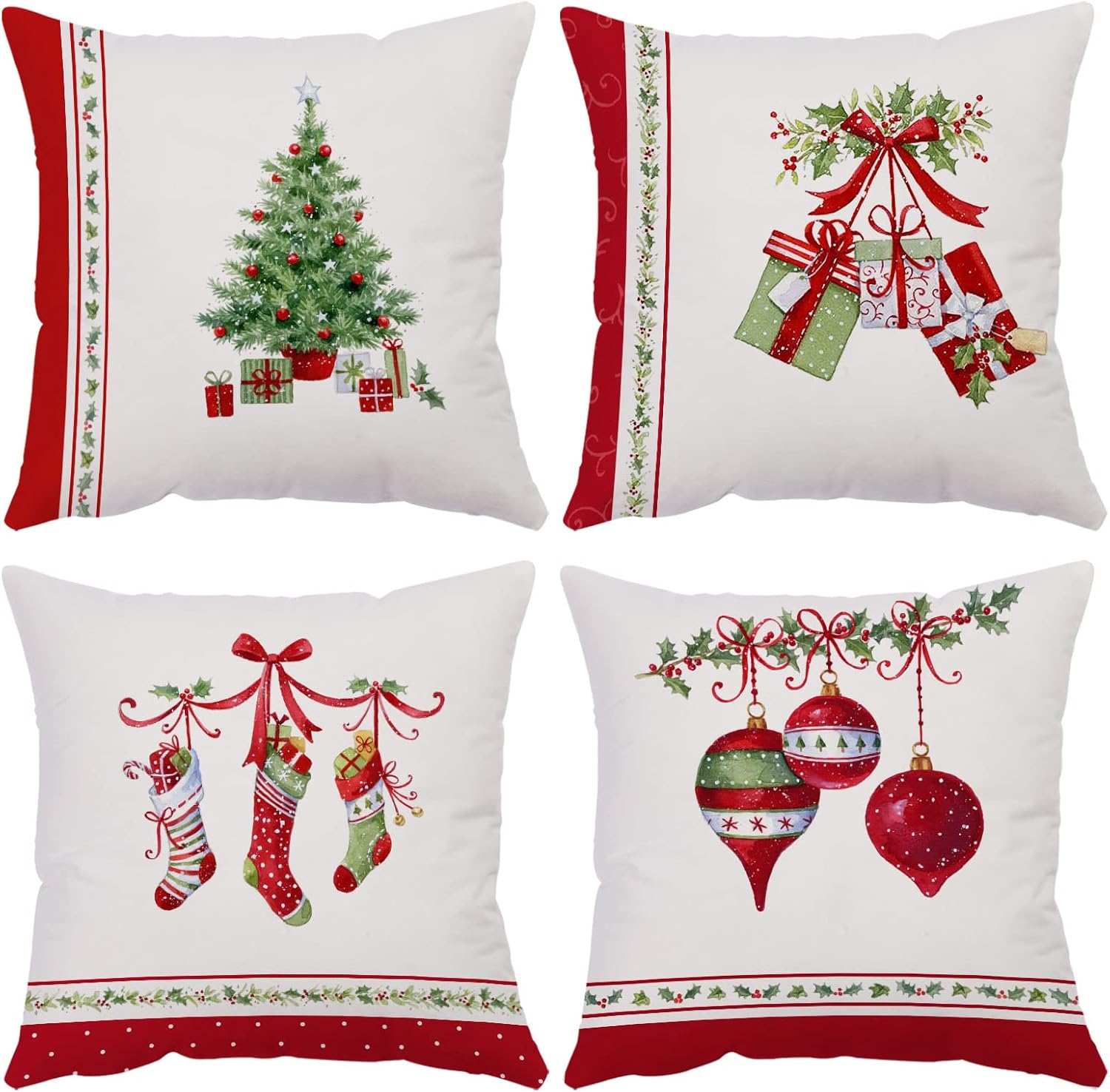 YeeJu Set of 4 Merry Christmas Decorative Throw Pillow Covers Winter Holiday Xmas Velvet Pillow Cases Christmas Trees Socks Cushion Covers Outdoor Sofa and Home Decor Pillow Protectors 26x26 Inch