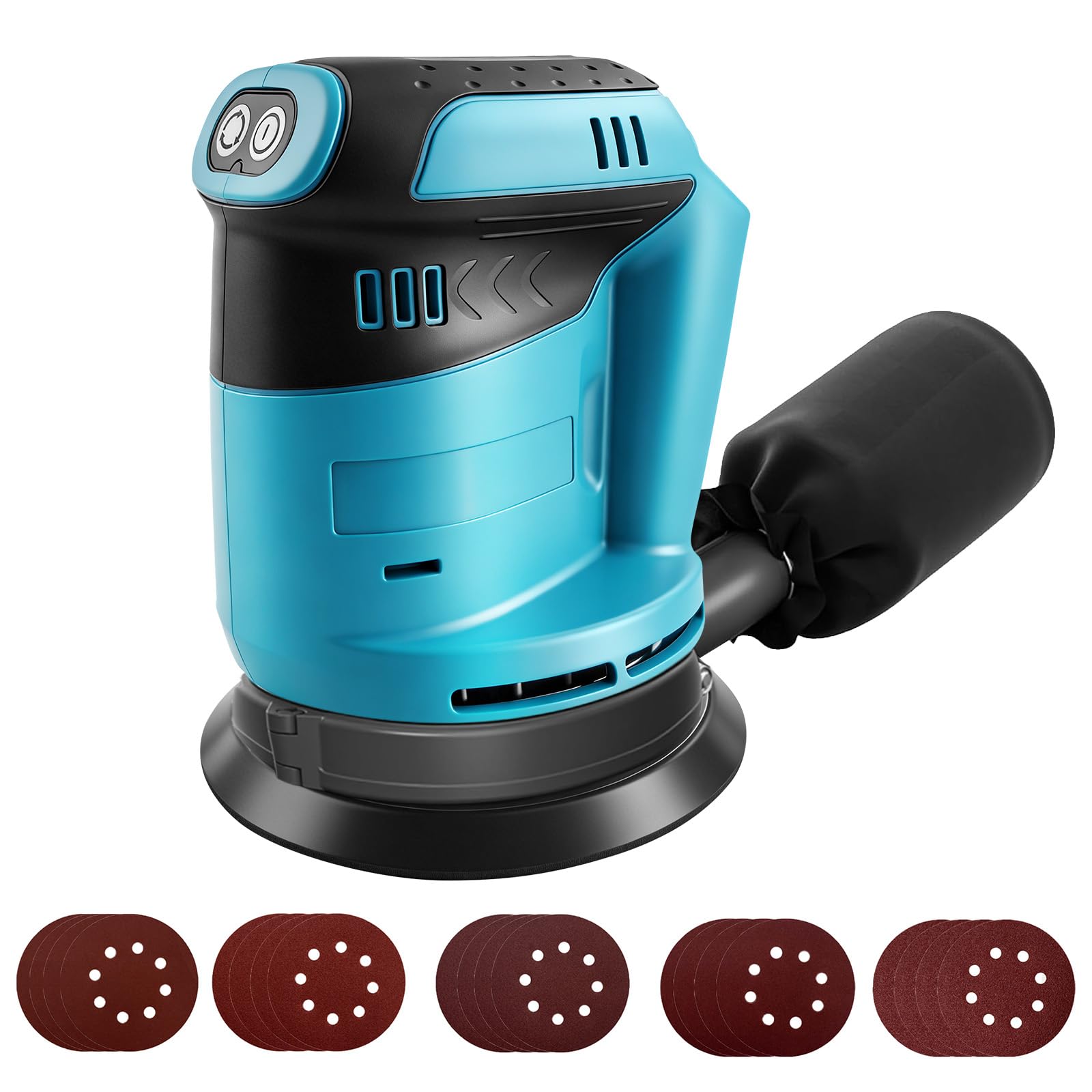 Levigatrice eccentrica per batteria Makita 18V, levigatrice a batteria da 125 mm, 3 velocità con contenitore per la raccolta della polvere e 20 fogli abrasivi (batterie non incluse)