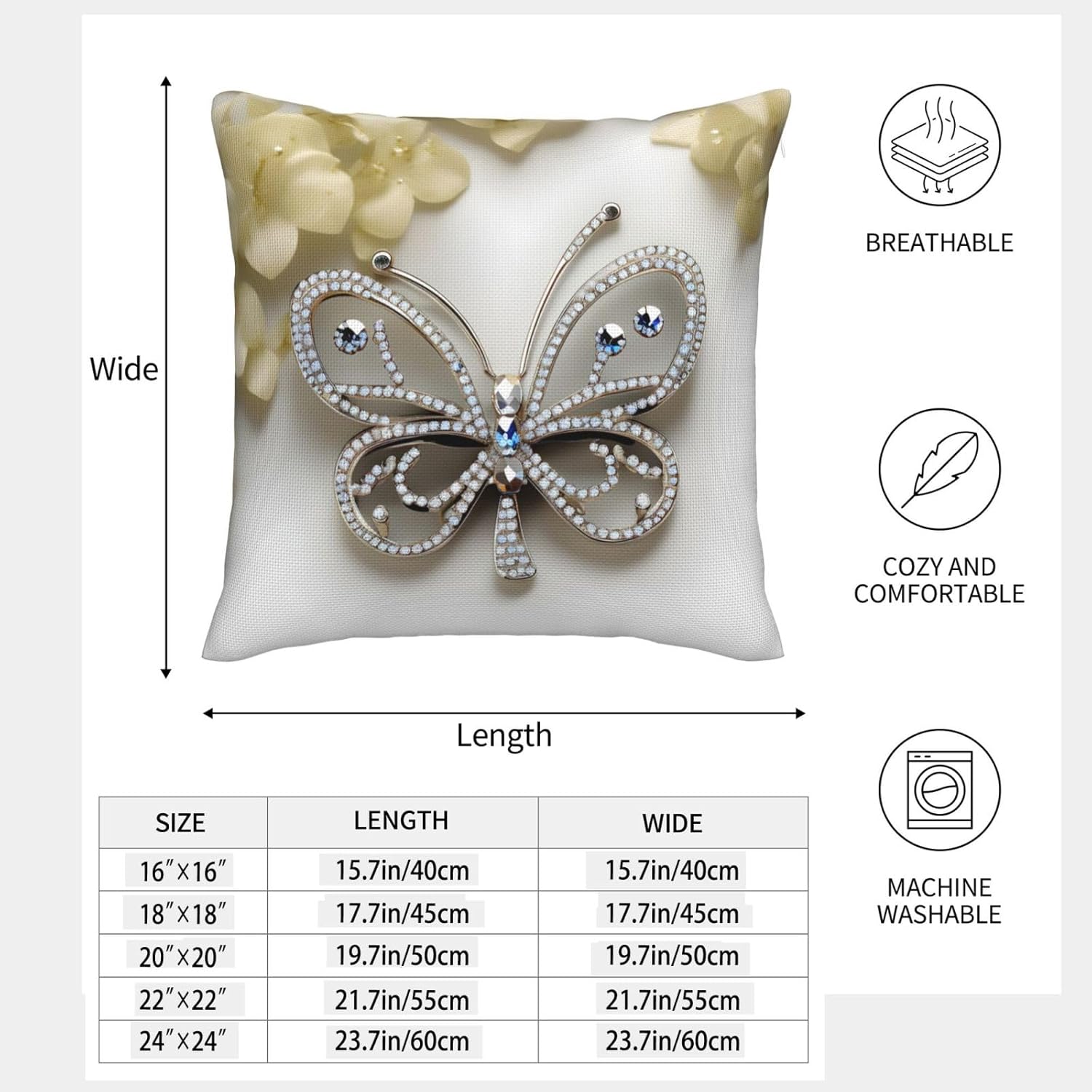 Rhinestone Butterfly and Flower Imitation Linen Pillowcase -2 Sets, Fashionable Home Decoration, Used for Sofas, Gardens, beds
