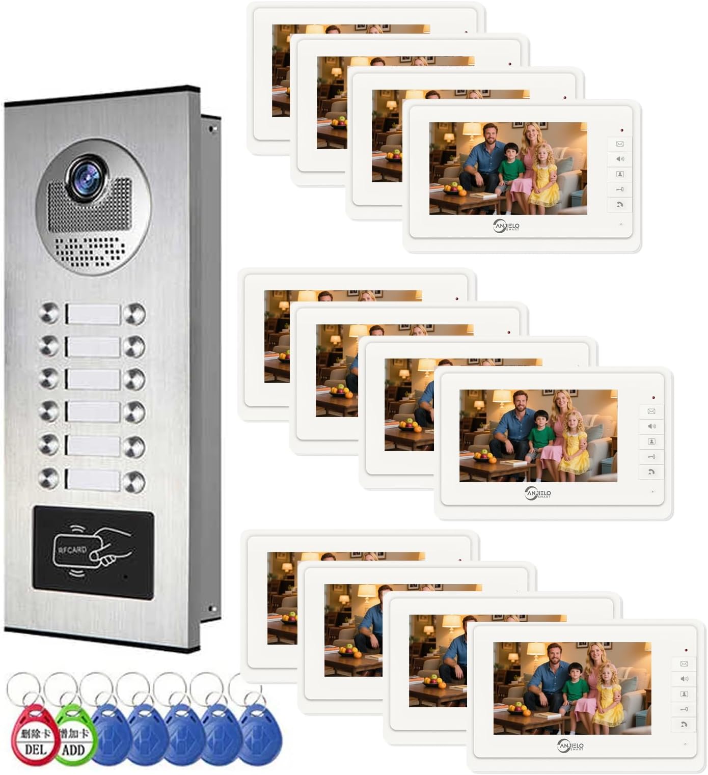 Wired Video Apartment Intercom System,2/3/4/6/8/10/12 Units 7 inch Monitor Video Door Phone Kit,Indoor Outdoor Video Doorbell, ID Card Unlock, 2 Way Audio for Home (for 12 Family)