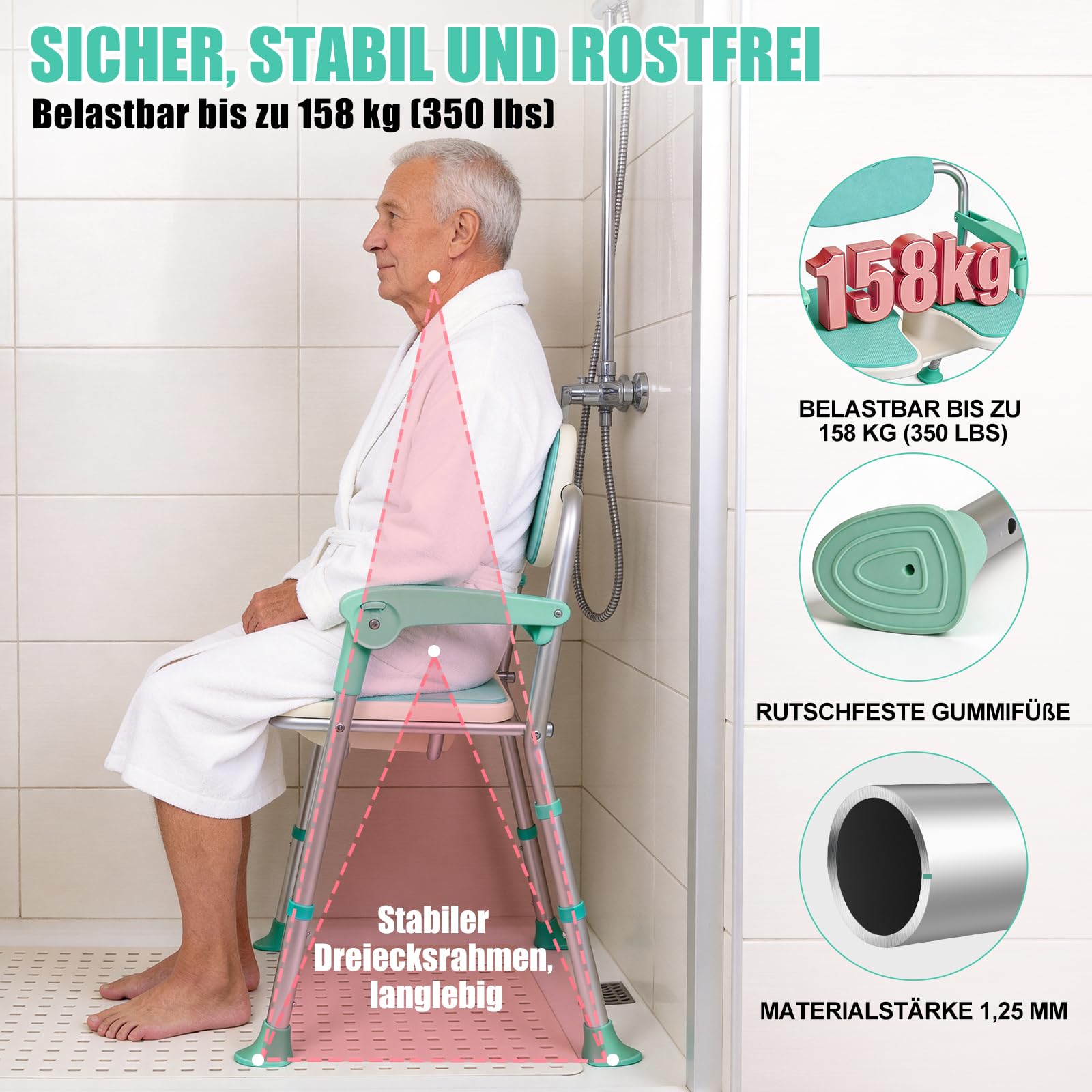 Klappbarer Duschstuhl U-Form, Duschhocker Platzsparend für Senioren & Behinderte, Belastbar bis 158kg, Badestuhl mit Armlehnen & Polsterung, Stabiler Duschsitz für Kleine Duschen