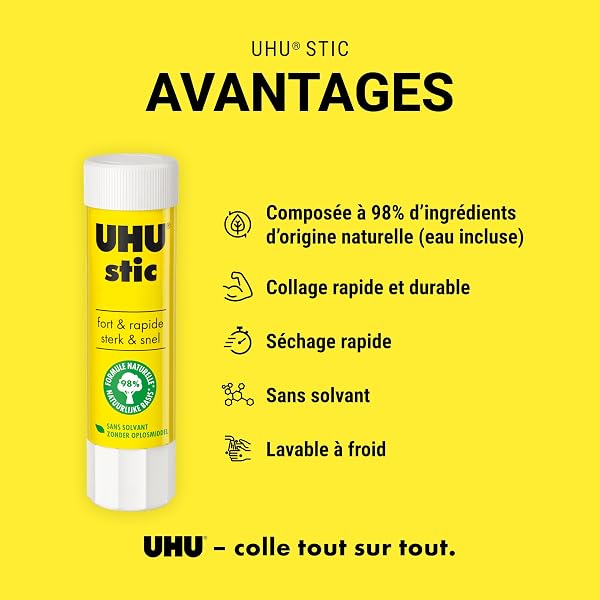 UHU Stic - Bâton de Colle Sans Solvants - Colle Enfant, Loisirs Créatifs, Bureau, Maison, École - Blanche - Fournitures de Bureau - Lot de 6 Stics de 8,2 g + 2 Stics ReNature de 8,2 g - 2