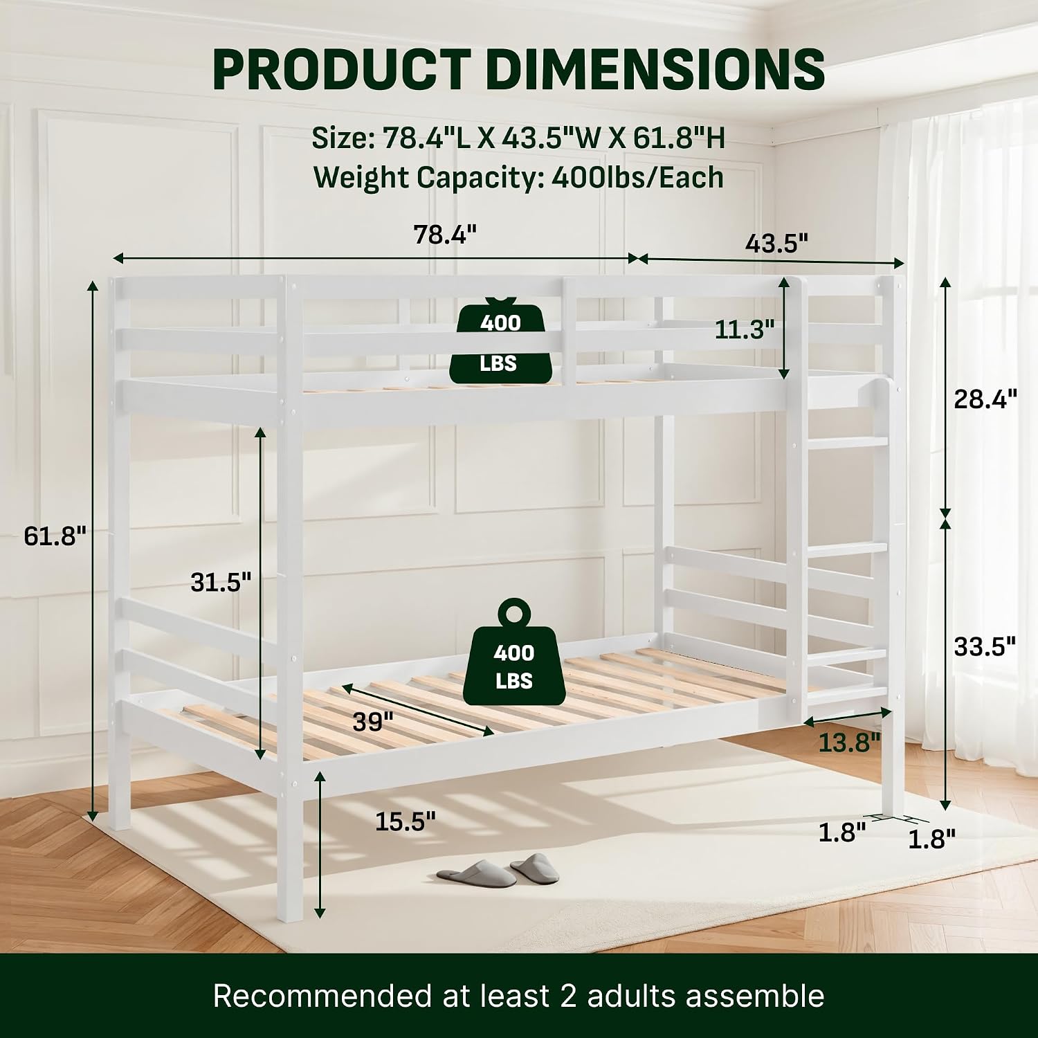Softa Twin Over Twin Bunk Bed for Kids, Solid Wood Frame with High Guardrails, Space-Saving Wooden Bunk Bed with Ladder, 11.9” Under-Bed Storage, No Box Spring Needed
